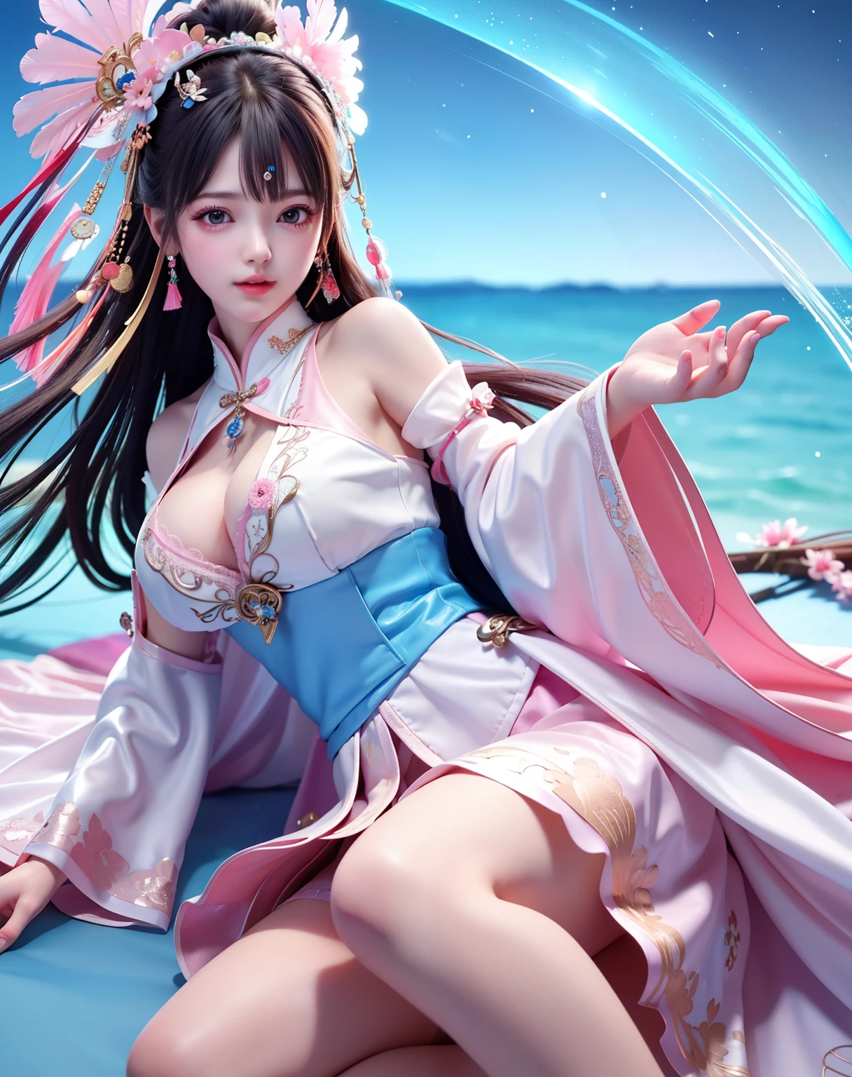 (8k, RAW photo:1.2), best quality, ultra high res,dramatic angle,(fluttered detailed color splashs), (illustration),(((1 girl))),(long hair),(rain:0.9), (Headdress:1.4),There is an ancient palace beside the girl,qipao dress,(Key Points),Color ink painting,(Splash of Color),Splash of Color,(((colorful))),(sketch:0.8) , Masterpiece, best quality, beautiful painted, highly detailed,(denoising:0.6),[splash ink],((ink refraction)), (beautiful detailed sky),moon,highly,detaild,(masterpiece, best quality, extremely detailed） CG Unity 8k Wallpaper，masterpiece，best quality，Ultra Detailed），（Lycoris）.shoulder ballet dress open V-chested clothes Thin silk lace dress short skirt , (huge ，cleavage),, white pink, blue ，best qualtiy，tmasterpiece，Ultra-high resolution，（Reality：1.4），RAW photogr，（True skin texture：1.3），（filmgrain：1.3），（Selfie angle），1个Giant Breast Girl，Beautiful eye and face details，tmasterpiece，Best quality at best，，The chest more exposed， detailed hair, bra pink , detail 8k, full body, lace petticoat, lying on bed