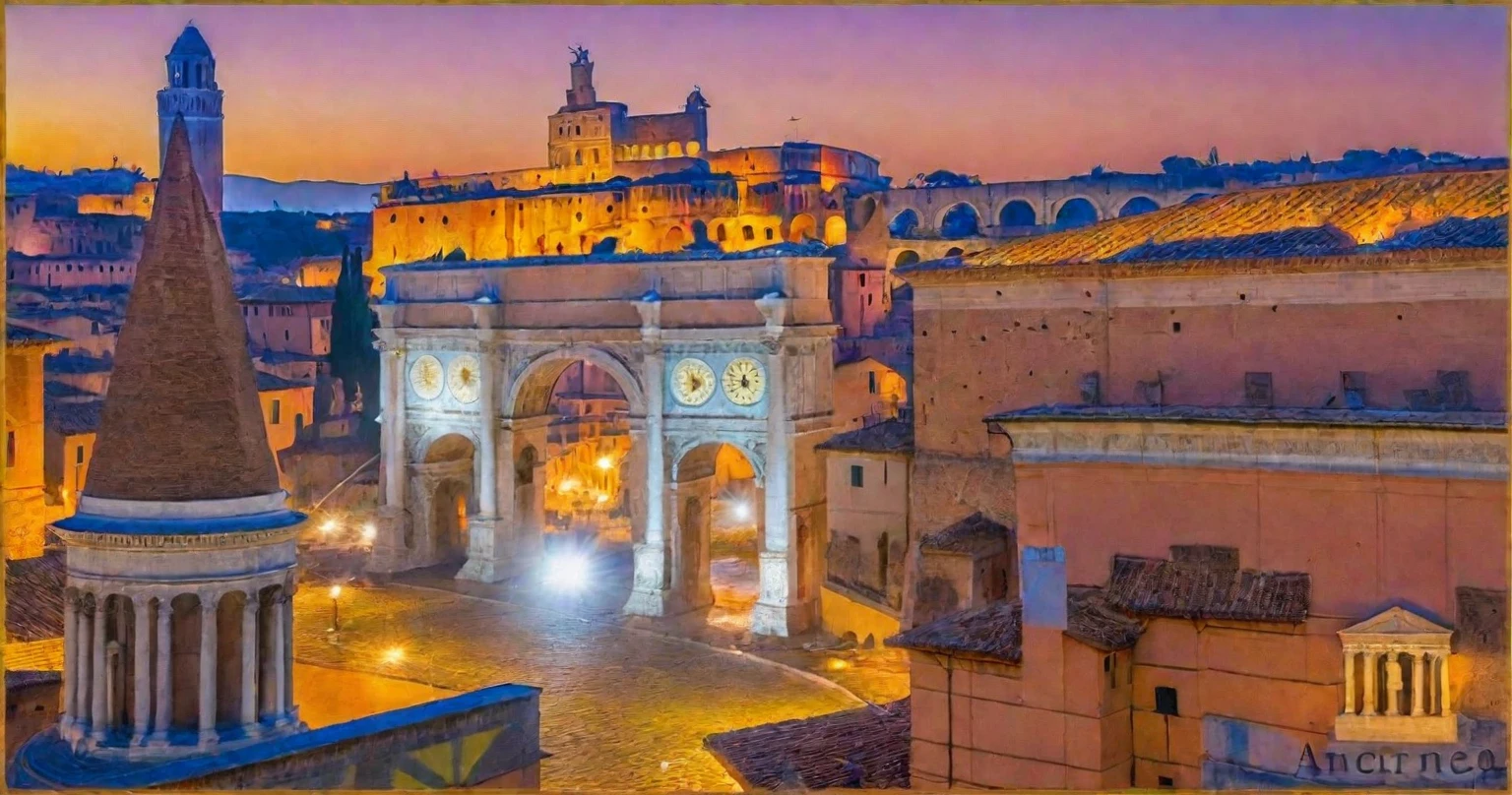 arafed view of a city with a lot of buildings and a clock tower, roman city, rome, ancient rome, rome in background, eternal city, roma, roman monuments, ancient roman setting, rome backdrop, roman historic works, market in ancient rome, old roman style, colosseo, city ruins in the background, ancient roman style, view from slightly above