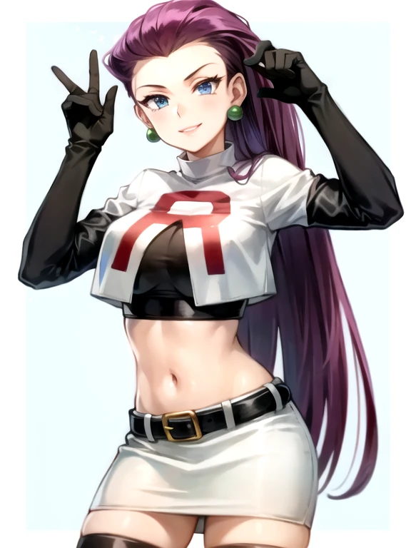 masterpiece, best quality, high quality, 1girl, solo, (((picture perfect))), (absurdres), jessie pokemon, solo, team rocket, gloves, hair slicked back, long hair, jewelry, skirt, navel, thighhighs, earrings, elbow gloves, team rocket uniform, crop top, blue eyes, midriff, white background, belt, black gloves, very long hair, simple background, smile, black thighhighs, purple hair, looking at viewer, breasts, white skirt, miniskirt