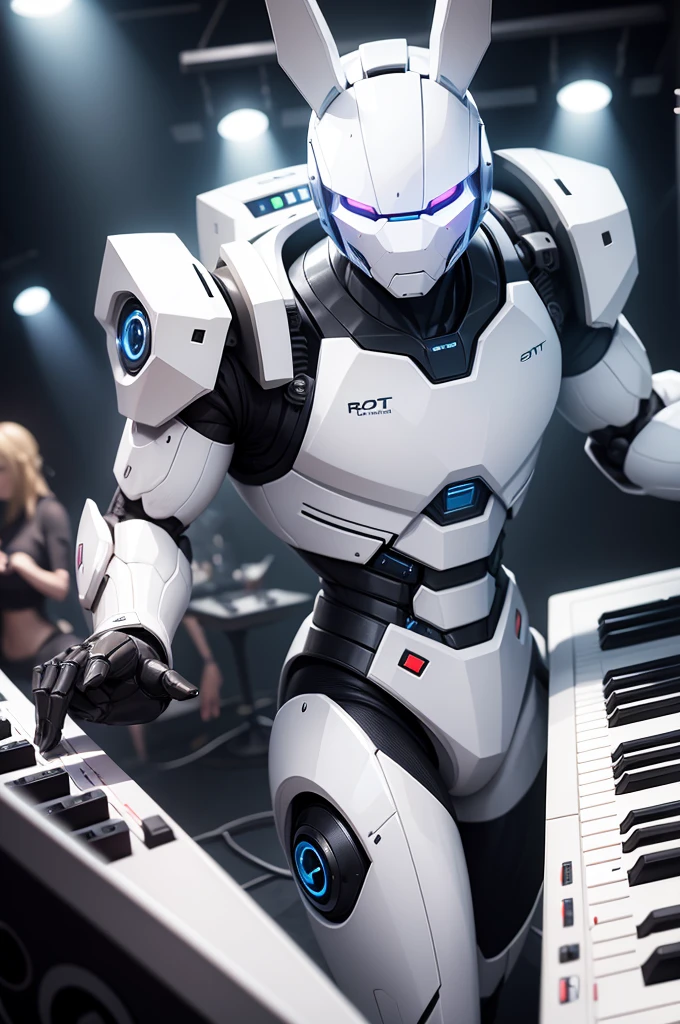 robot rabbit, White color, masculine, humanoid, in a club playing a keyboard,