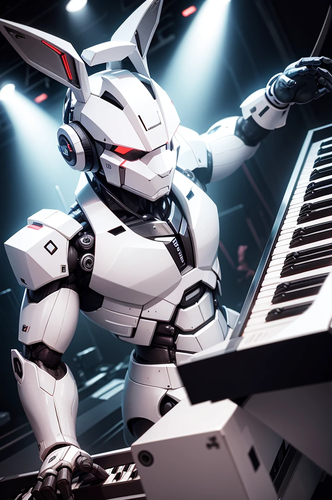 robot rabbit, White color, masculine, humanoid, in a club playing a keyboard,