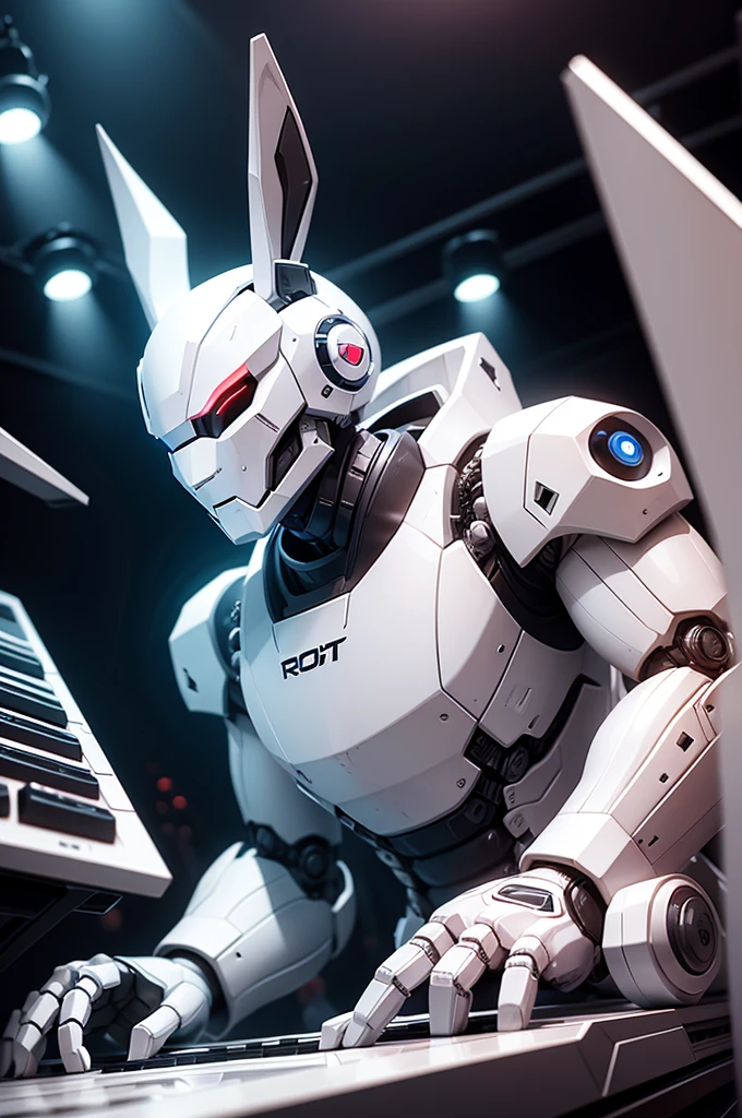 robot rabbit, White color, masculine, humanoid, in a club playing a keyboard,