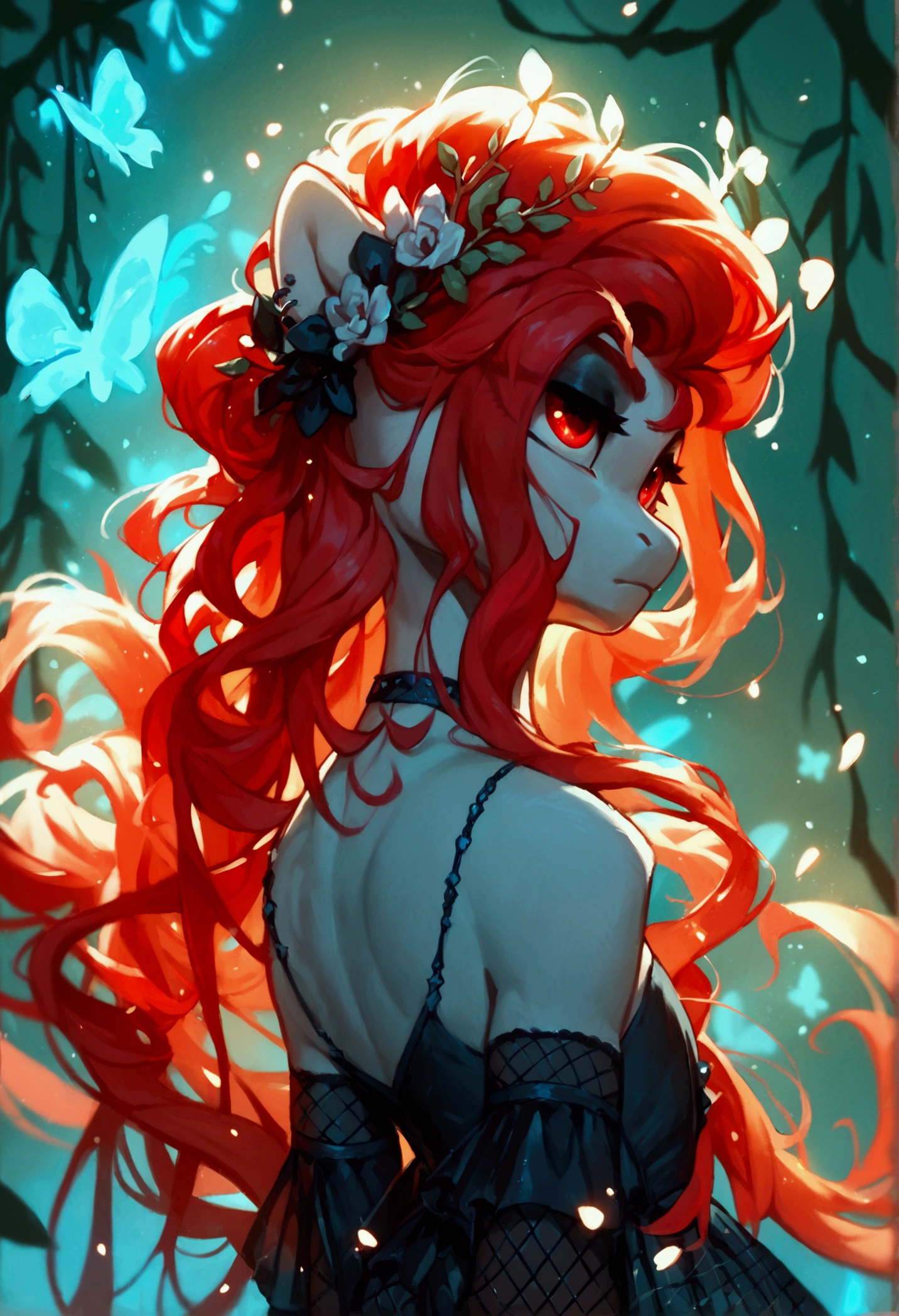 score_9,score_8_up,score_7_up,score_6_up, ((my little pony)), radiant lighting, vibrant colors, whimsical atmosphere, 8K, high resolution, highly detailed, masterpiece, white body, goth style, very long red hair, red eyes, fishnet stockings, dress