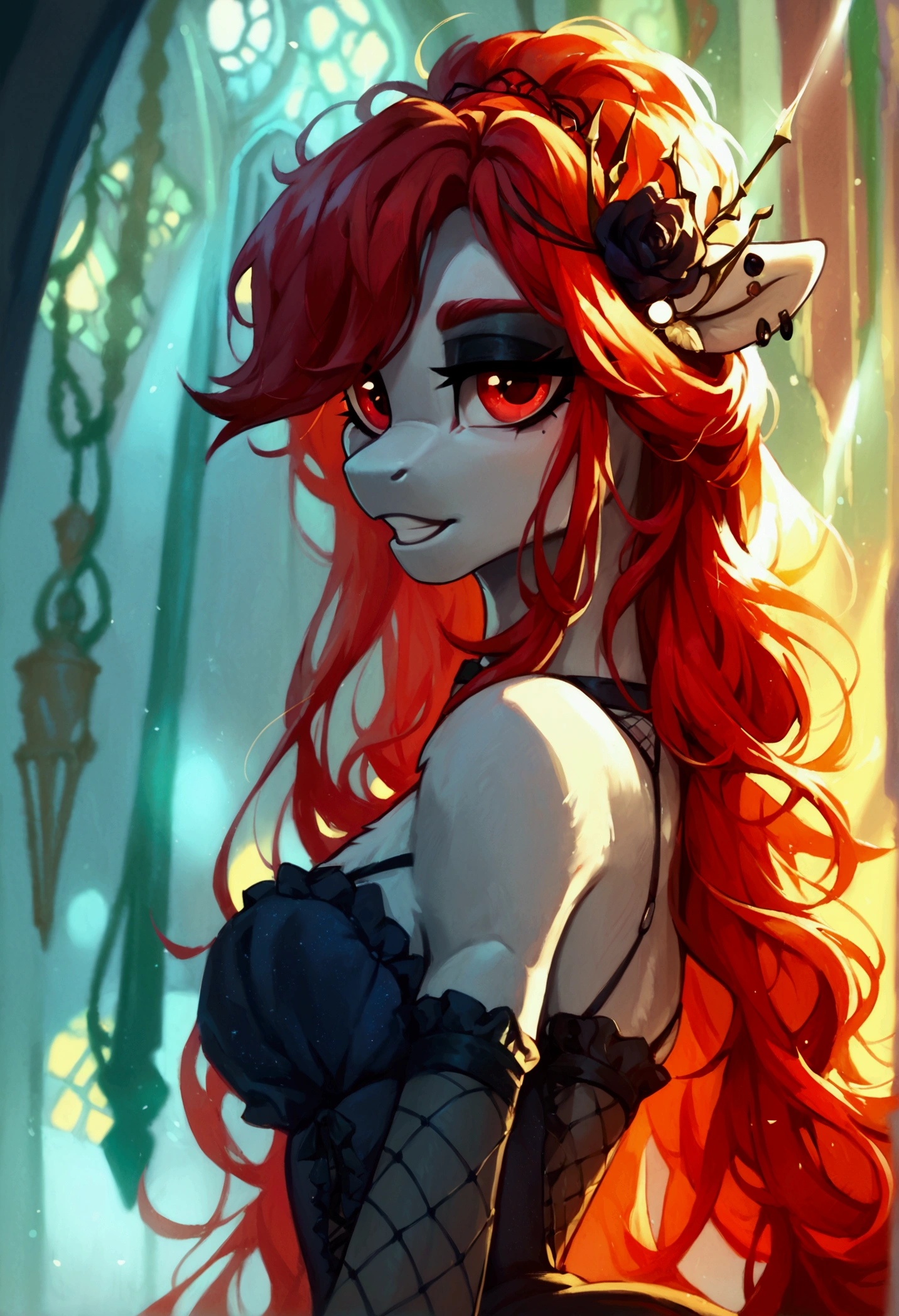 score_9,score_8_up,score_7_up,score_6_up, ((my little pony)), radiant lighting, vibrant colors, whimsical atmosphere, 8K, high resolution, highly detailed, masterpiece, white body, goth style, very long red hair, red eyes, fishnet stockings, dress