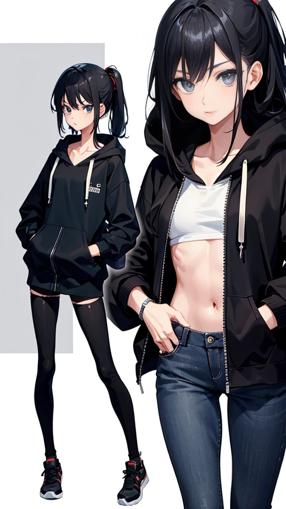 absurdres, RAW photo, extremely delicate and beautiful, masterpiece, Best Quality, ultra high resolution, 32k, hyperrealistic, ultra-detailed, perfect anatomy, anatomically correct, perfect figure, super Detailed skin, 20 years old, very Slim body, narrow waist, very small head, very small face, delicate facial features, detailed face, detailed eyes, tearful mole, earring, thin legs, bare legs, very huge round breasts, short medium hair, ((wavy hair)), wet clothes, tracksuit shorts, Lightweight hoodie, crop top,