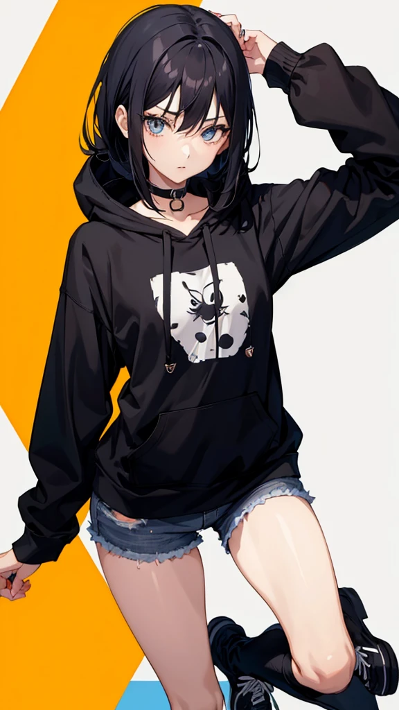 1girl, anime style, skinny body, Anime young girl wearing black hoodie, skinny jeans, black hair, grey blue eyes colour, detailed, 8k, high quality,