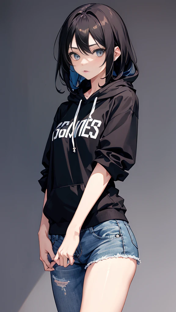 1girl, anime style, skinny body, Anime young girl wearing black hoodie, skinny jeans, black hair, grey blue eyes colour, detailed, 8k, high quality,