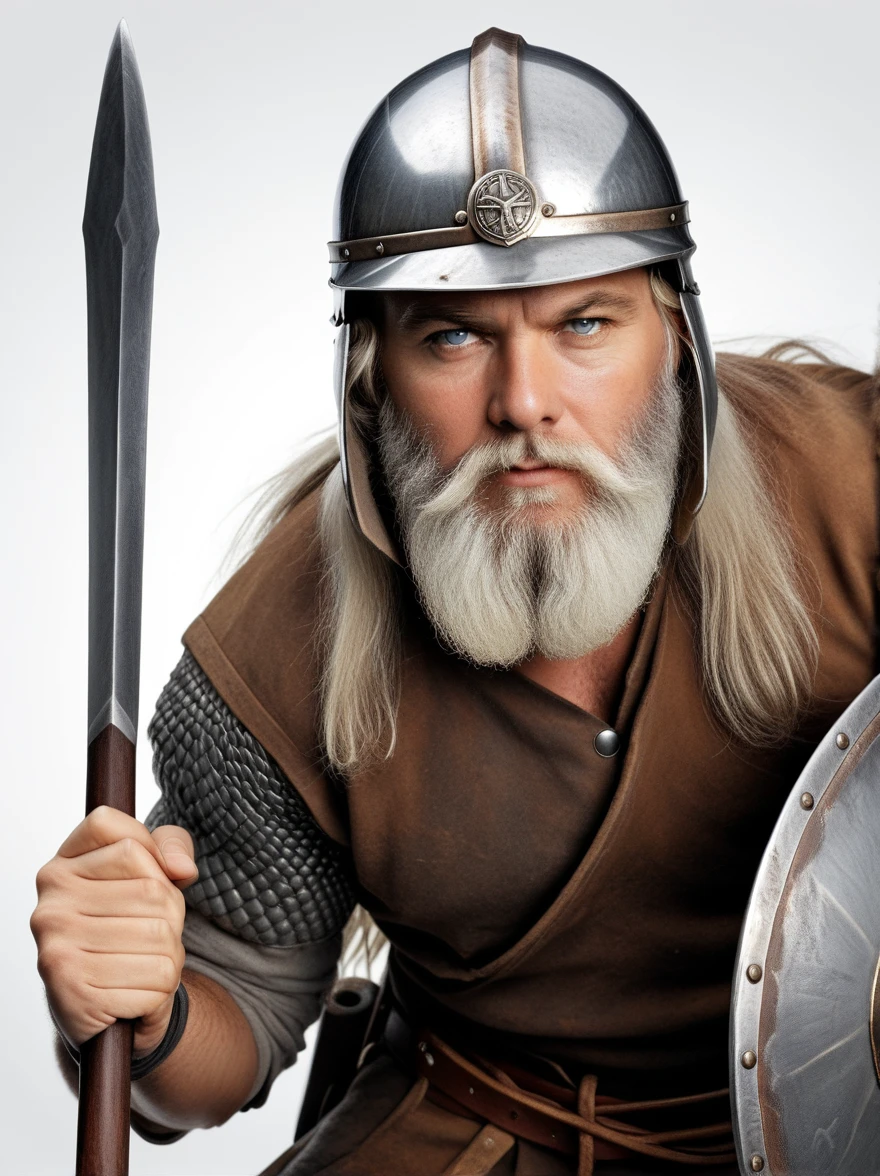 viking warrior in the center of an round shield, metal badge with a relief effect on white background, frontal view, frontal shot, frontal pose, detailed illustration, detailed facial features, holding sword and axe, white beard and hair, steel helmet, steel circle around head, high resolution, high quality, high detail, high definition, high contrast, high sharpness, high dynamic range, high-resolution, hyper-realistic, hyper-detailed, hyper-lapped, hyper-fine details, hyper-photorealism, hyper-sharp, hyper-quality