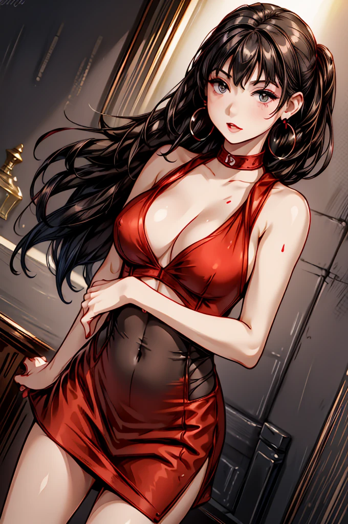 (8K HDR photorealistic pic), Betty Boop, short, althetic, curvy lady, ((tight little red dress)), dark eyebrows, black lipstick, (hoop earrings), dark eyeshadow, black lipstick, curvy, busty, (curly short black hair), shortstack, (retroussé breasts), darling figure, (supple pouting breasts), firm thighs, hourglass figure, kerchief, big brown eyes, dancing seductively