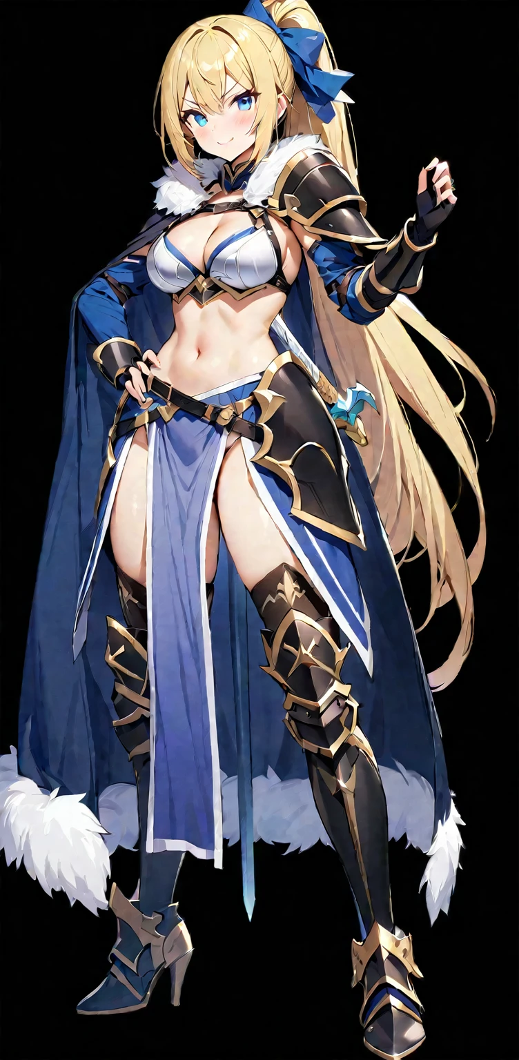 masterpiece, best quality, 1girl, breasts, solo, blonde-hair, blue-eyes, pelvic-curtain, navel, armor, large-breasts, ponytail, cape, cleavage, sword, gloves, weapon, looking-at-viewer, smile, boots, fingerless-gloves, full-body, very-long-hair, standing, revealing-clothes, bikini-armor, black-gloves, fur-trim, simple-background, thighhighs, stomach, hand-on-hip, gauntlets, shoulder-armor, hair-bow, closed-mouth, bow, high-heels, midriff, armored-boots, hand-up, thigh-boots, thighs, ribbon, hair-between-eyes, v-shaped-eyebrows, blush, hair-ribbon, sheath