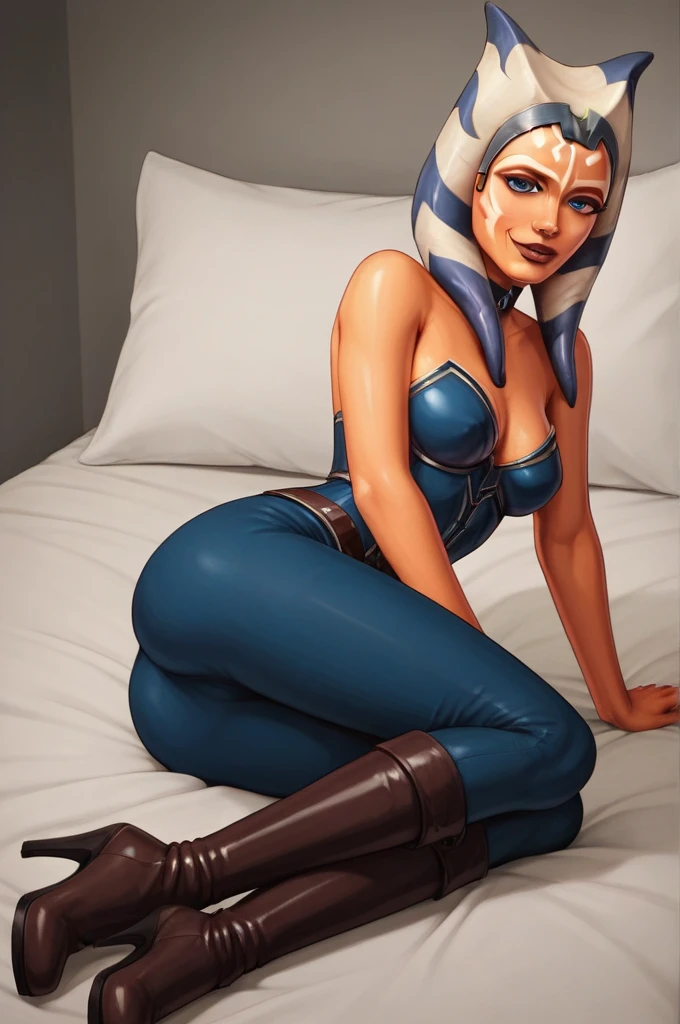 score_9, score_8_up, score_7_up, score_6_up, score_5_up, score_4_up, AhsokaTanoXL wearing latex seductive lingerie, blue eyes, tentacle hair, orange skin, colored skin, facial mark, medium breasts, black with red trim dress, skirt, no 
pants, bare shoulders, guantlets, hip armor, skirt,blue pants, brown boots, solo, seductively lying on bed in her lingerie, nude ,seductive smile, looking at viewer, indoors 