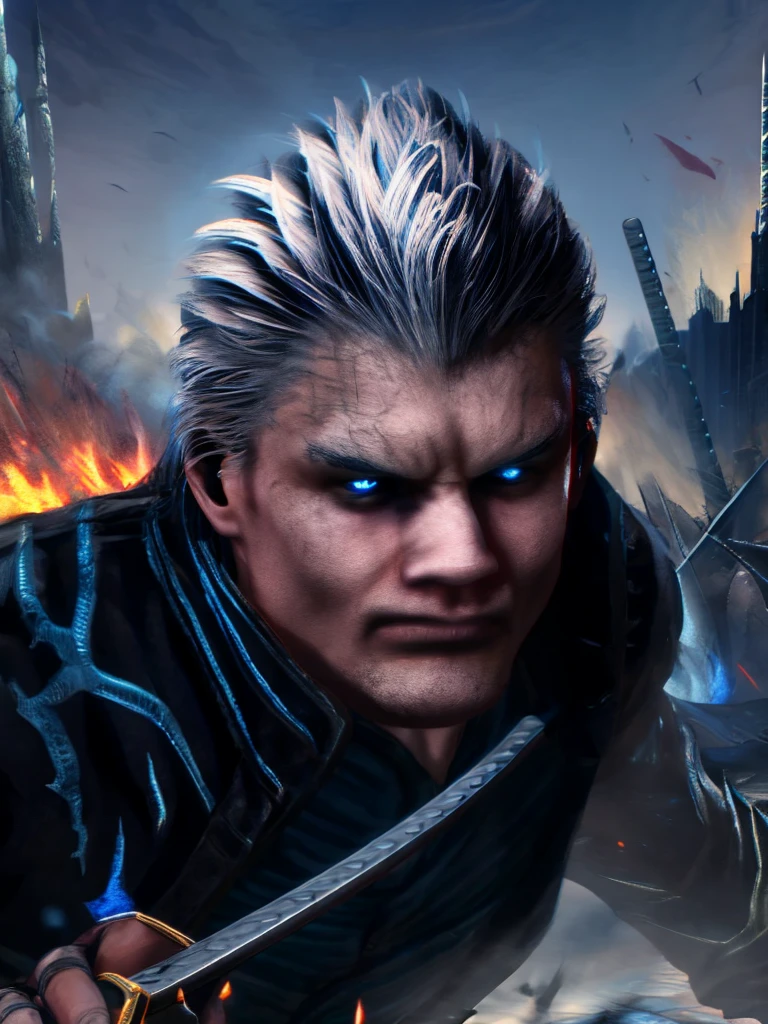 Vergil, blue clothing, robe, katana with white handle, devil may cry, white hair, slick back, blue eyes, cold stare, holding katana, detailed, realistic, dynamic pose, swinging katana, facing viewer, fight scene, running, detailed background, destroyed city, fire, human, high quality, highest quality