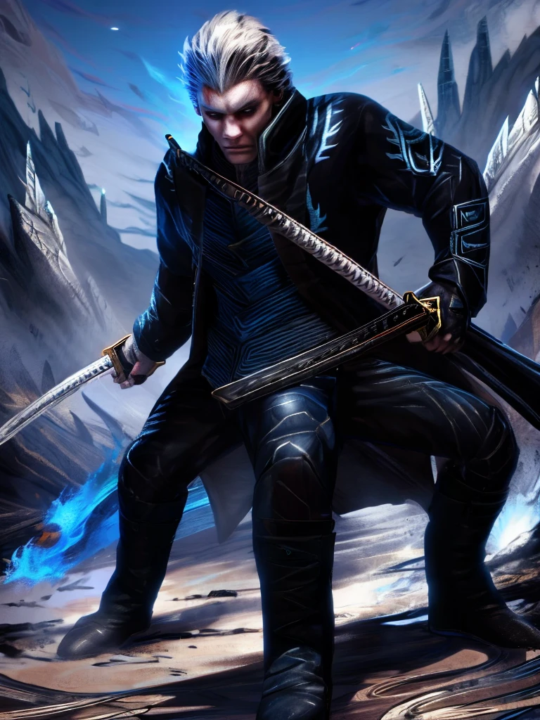 Vergil, blue clothing, robe, katana with white handle, devil may cry, white hair, slick back, blue eyes, cold stare, holding katana, detailed, realistic, dynamic pose, swinging katana, facing viewer, fight scene, running, detailed background, destroyed city, fire, human, high quality, highest quality