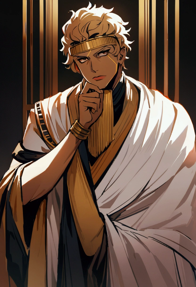 "Uma imagem detailed e artística de Marco Aurélio, Roman emperor and stoic philosopher, in high resolution 8k. He is depicted in a reflective pose, with hand on chin, symbolizing thought and introspection. Marcus Aurelius wears a traditional Roman toga, detailed, representing his position and erudition. Image is in black and white, highlighting the contrasts and textures of your clothing and facial features. The background is completely neutral, focusing all attention on the historical character, capturing the essence of his philosophical contemplation and imperial dignity.