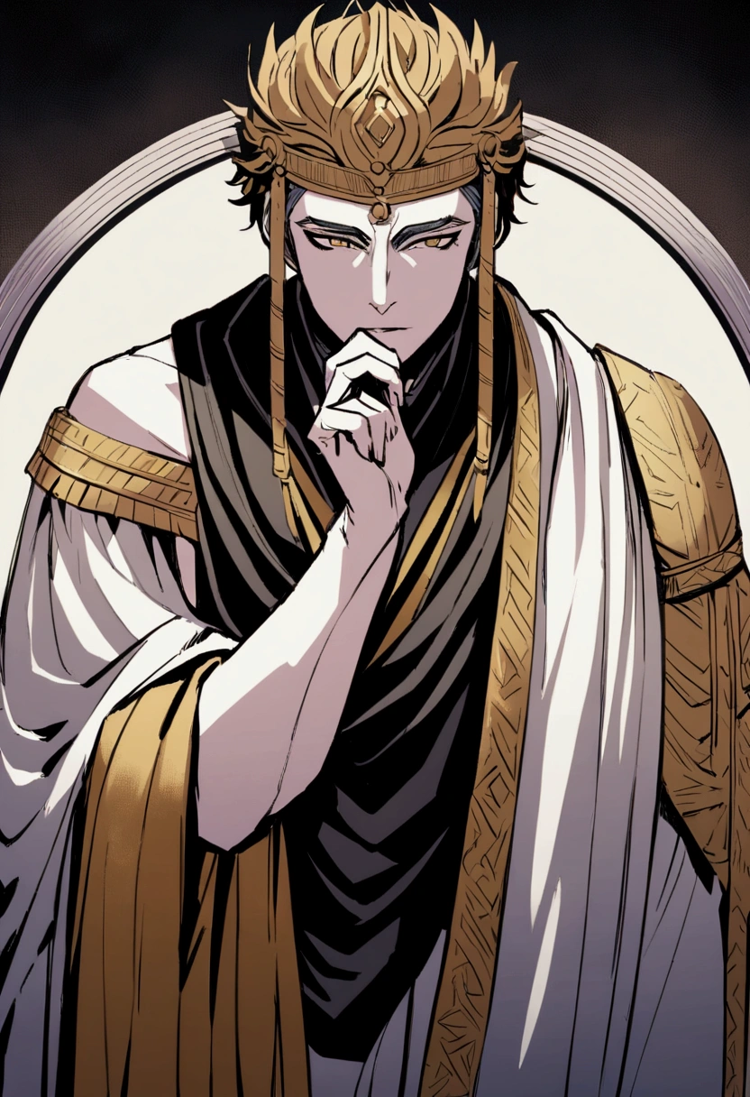 "Uma imagem detailed e artística de Marco Aurélio, Roman emperor and stoic philosopher, in high resolution 8k. He is depicted in a reflective pose, with hand on chin, symbolizing thought and introspection. Marcus Aurelius wears a traditional Roman toga, detailed, representing his position and erudition. Image is in black and white, highlighting the contrasts and textures of your clothing and facial features. The background is completely neutral, focusing all attention on the historical character, capturing the essence of his philosophical contemplation and imperial dignity.