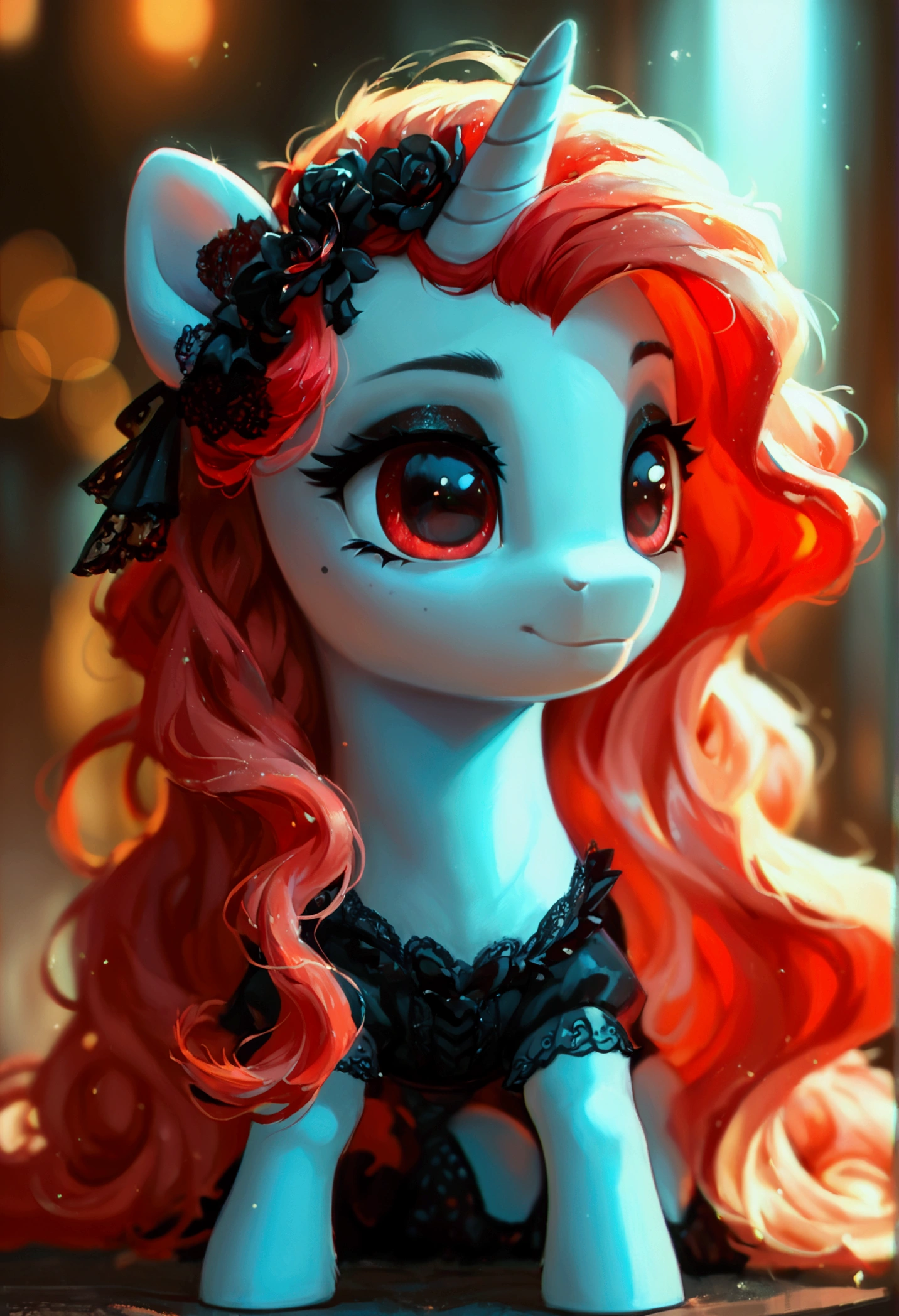 score_9,score_8_up,score_7_up,score_6_up, ((my little pony)), radiant lighting, vibrant colors, whimsical atmosphere, 8K, high resolution, highly detailed, masterpiece, white body, goth style, very long red hair, red eyes, fishnet stockings, dress