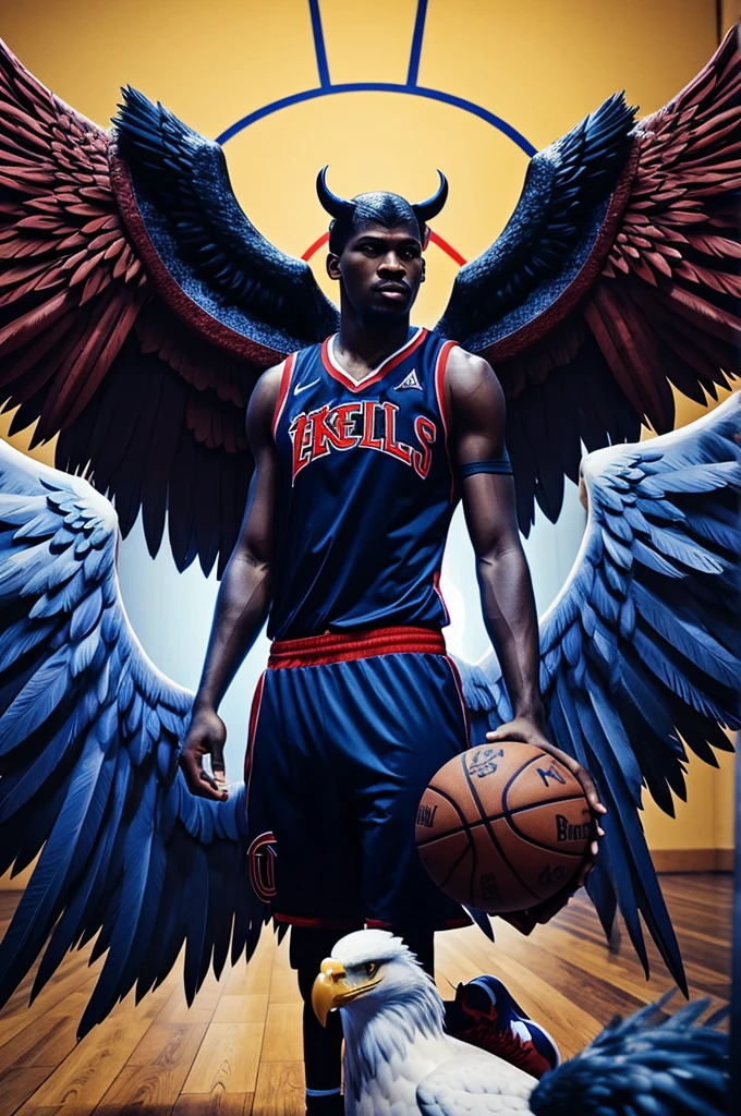 I want a basketball logo with a basketball where the ball will have angel wings and demon wings where the representative animal will be a demon eagle with a team fourteam message