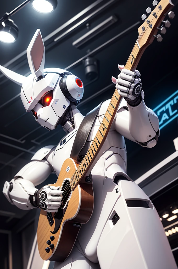 robot rabbit, White color, masculine, humanoid, in a club playing a guitar,