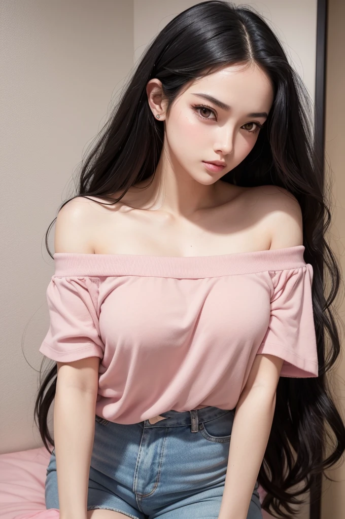 woman sexy, long wavy black hair, big forehead, Beautiful seductive eyes, medium nose, big kissable lips, deep pink blush, blushing deeply, fair and shiny skin, oversized pink off-the-shoulder t-shirt, bared shoulders, medium chest, full body with no clothes on the bottom.