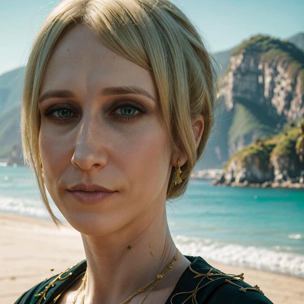 portrait of Vera Farmiga with a golden crown, blonde platinum hair, pale skin, green eyes, black makeup, gothic dress, in the background a landscape of Brazil with beach and mountains, at day