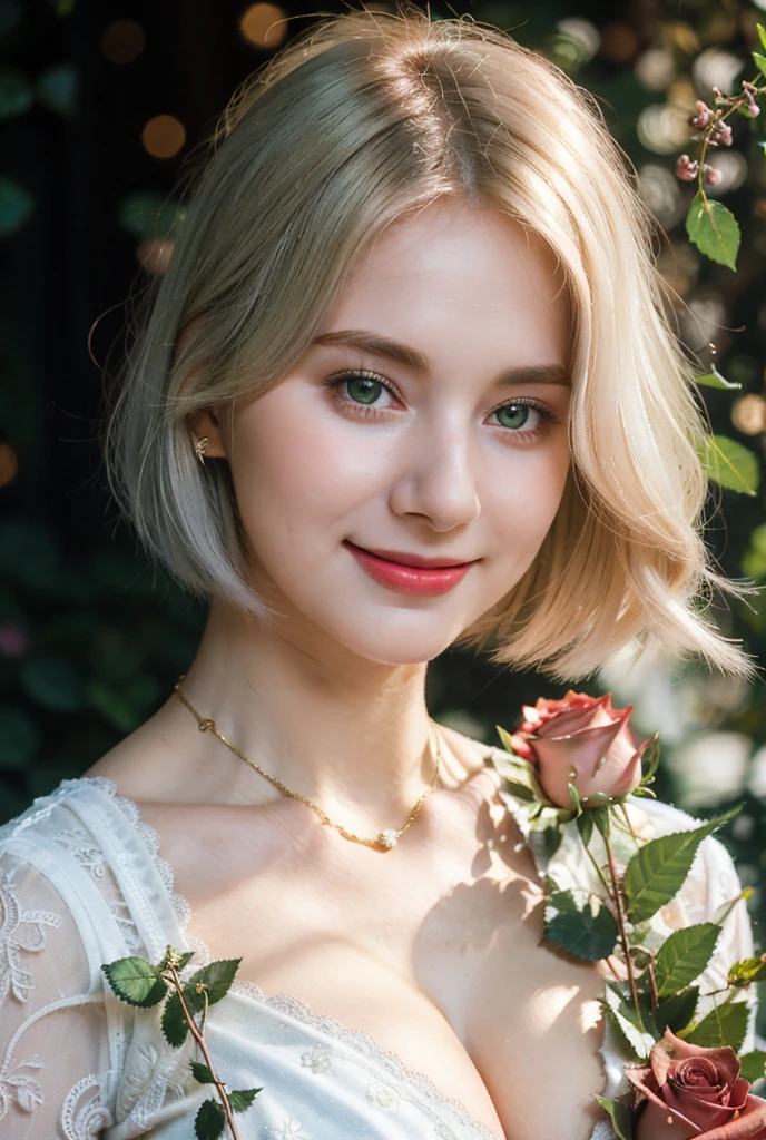 Gorgeus Girl, Beautiful, Baby Face, 20 Years Old, White Skin, Colossal Breasts, Movie Lighting, Futuristic, ((Cleavage)), Green-Gold Classy Lace Dress, Rose Eye, Muscles, Bokeh, Masterpiece, Medium Bob, Rose-white Hair, Lying Among the Rubble of Leaves, Smile