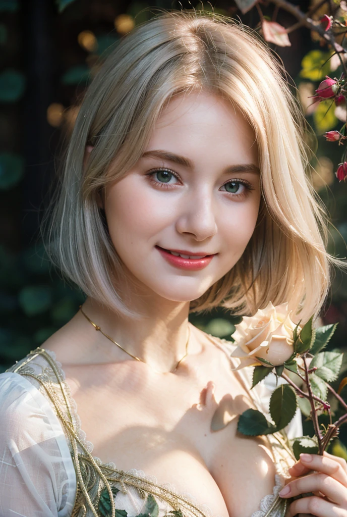 Gorgeus Girl, Beautiful, Baby Face, 20 Years Old, White Skin, Colossal Breasts, Movie Lighting, Futuristic, ((Cleavage)), Green-Gold Classy Lace Dress, Rose Eye, Muscles, Bokeh, Masterpiece, Medium Bob, Rose-white Hair, Lying Among the Rubble of Leaves, Smile