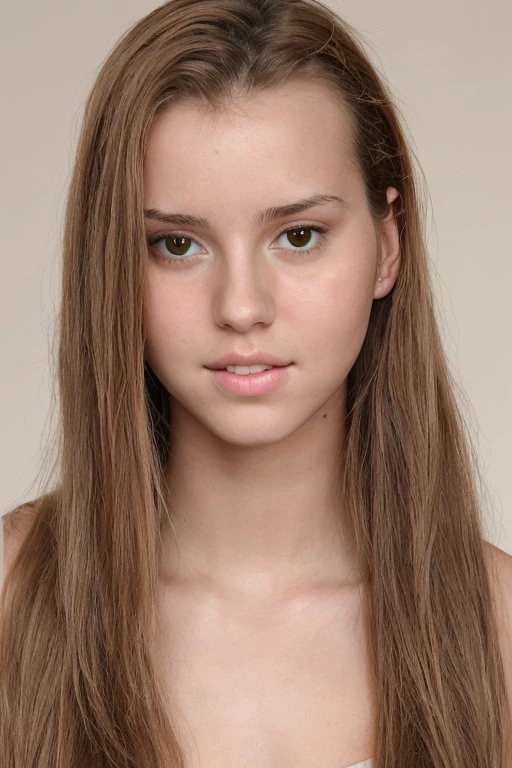 19 year old girl, pretty, very clear skin, Full mouth, long straight brown hair, styled hair, face photo, neutral facial expression, looking at the camera, realisitic