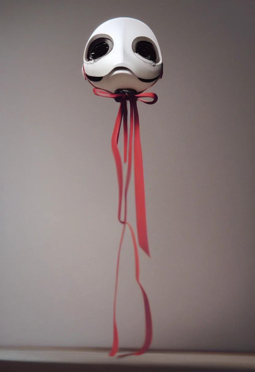 gangle,1girl, solo, black eyes eyes, ribbon body, indoors, tears, red ribbon, no humans, mask, crying, full body, source, 3d