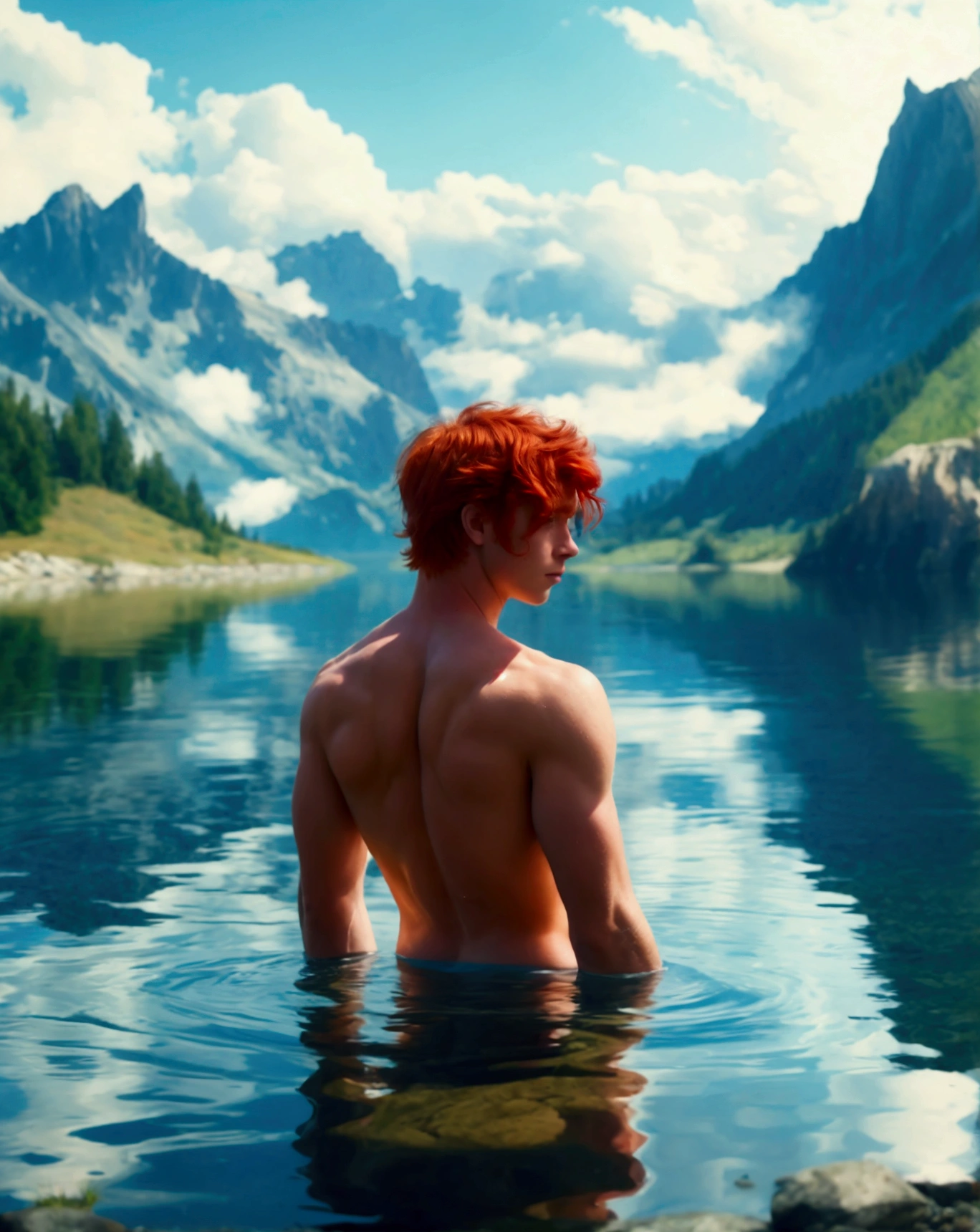 beautiful red-haired man, coming out of a large lake with mountains, he is naked