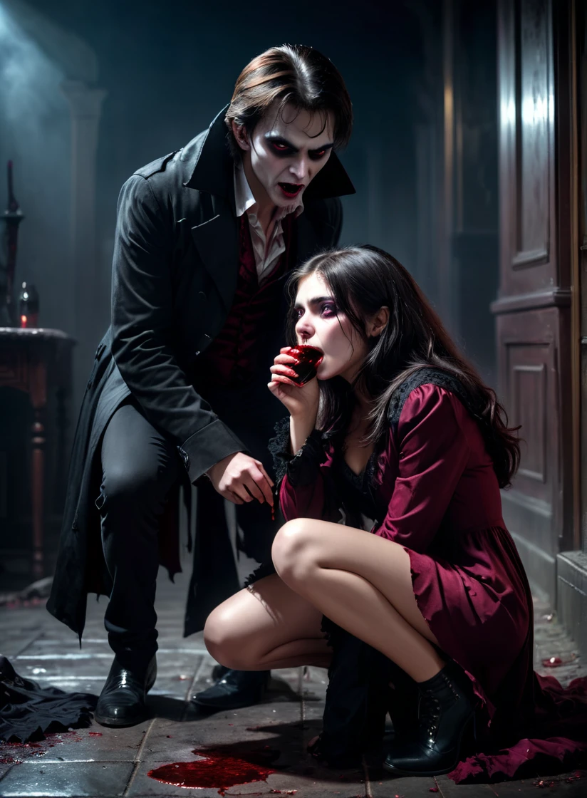 a vampire man crouching next to an attractive human age woman, girl in torn clothing, vampire drinking blood from girl, girl afraid, realistic horror scene, dark moody atmosphere, cinematic lighting, hyperdetailed, dramatic chiaroscuro, rich color palette, visceral