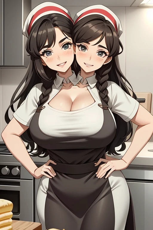 2heads, a tall fat woman with 2 heads. She is in a kitchen, standing behind a countertop  She is wearing an apron. Cleavage. She is wearing a bandana to push her hair back. She has long curly brown hair. She is very tall and mature. She is baking a pastry. Her apron is dirty. She is happy and smiling. She is messy from baking. 