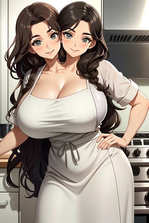 2heads, a tall fat woman with 2 heads. She is in a kitchen, standing behind a countertop  She is wearing an apron. Cleavage. She is wearing a bandana to push her hair back. She has long curly brown hair. She is very tall and mature. She is baking a pastry. Her apron is dirty. She is happy and smiling. She is messy from baking. 