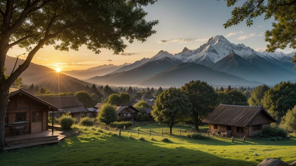 A realistic image. In a lush green field of flowers, surrounded by high snow-capped mountains, lies an eternal home where believers can rest and rejoice in one another’s company. A small wooden house with a thatched roof stands out in the midst of the idyllic setting, with a roaring fireplace and a table set for a communal meal. All around, leafy trees provide shade and shelter, while birds sing and butterflies dance in the air. The sun sets on the horizon, tinting the sky with golden and orange hues, while a gentle breeze blows, bringing with it peace and serenity. This is the eternal home of believers, a haven of love, faith and harmony.