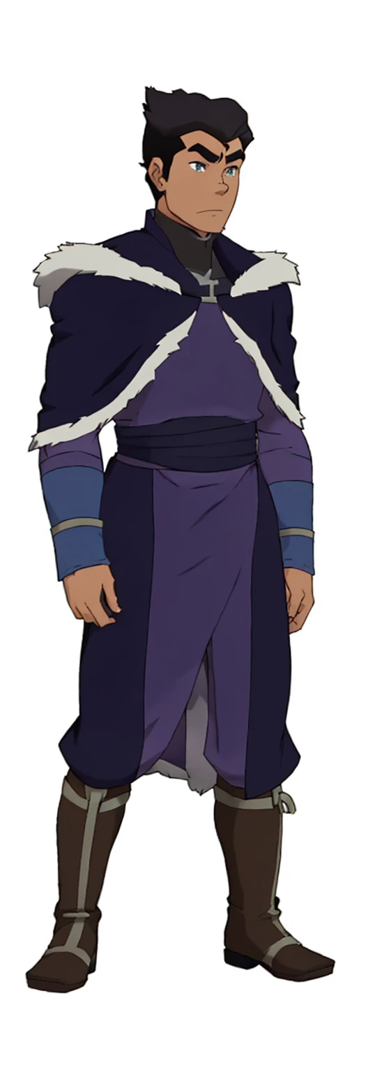 African-American, Bolin, water tribe traditional clothing mixed of blue and purple, with fur in shoulders and neck. Long sleeve, skinny, water tribe outfit. A dark blue or black high-collared sleeveless robe or tunic
A purple tabard or overtunic with lighter purple trim
A white fur-trimmed cape or cloak over the shoulders, fastened with a metal clasp
Black pants or leggings
Black boots that come up to just below the knee
A dark wristband or bracelet on one wrist

The character has dark skin, short black hair, and a serious expression. The outfit appears to be a mix of formal and practical styles, possibly indicating a character of some authority or importance in an animated series or film. The color scheme is primarily dark blues, purples, and black, with the white fur trim providing contrast.