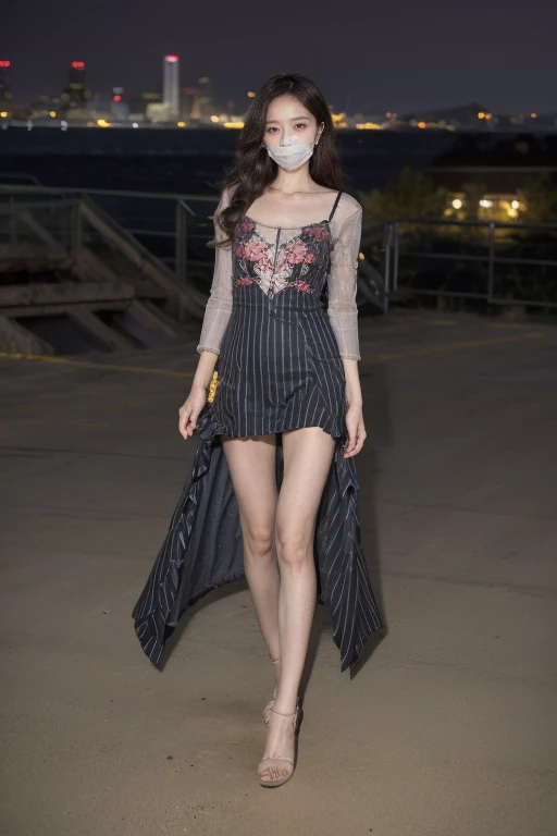 ((original photography:1.2))，RAW photos,Night view of Beijing，Top quality, masterpiece, Ultra HD, (Reality: 1.4), 1 Girl, Perfect body，Full body portrait，Fashion的头发, Very curly hair, delicate eyes, Side Light, Sweating，With a mask, Medium breasts，Fashion的embroidery衣服，(complicated clothes、embroidery、stripe、pattern、Fashion、Hollow)，Long slender legs