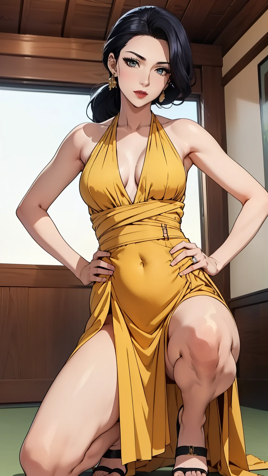 (masterpiece, best quality:1.2),((photoreal:1.2)),((MILF:1.4)),(perfect anatomy),((solo:1.5)), ((alone:1.5)),((1 middle age woman:1.5)),perfect eyes,((looking at viewer:1.4)),((horizontal angle)),((straight-on:1.4)),((view from front:1.4)),shooting from front,lighting from front,((small breasts:1.4)),(sagging small breasts:1.1),(muscular),((do not hide your crotch:1.4)),((cod lips)),((squatting:1.3)),((spreading your legs wide:1.3)),((hands on hip bone:1.4)),(holding your head high),delicate and beautiful,((black hair:1.4)),detailed hair,((chignon)),((bare legs:1.4)),((bare arms)),BREAK ((Modena yellow evening dress:1.2)),high heel,sleeveless dress,halterneck dress,party dress