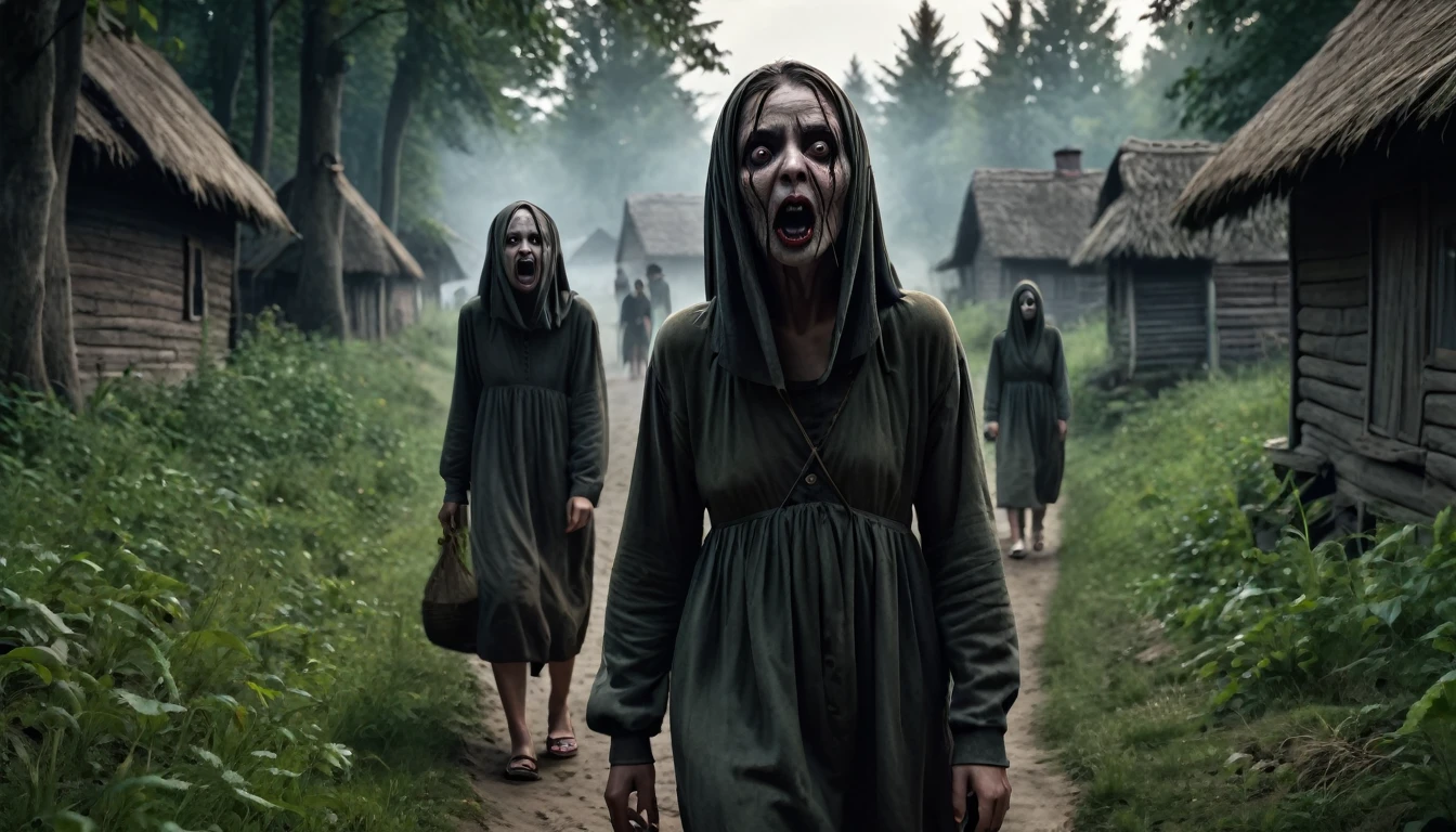 Scary horror image,from a village near the forest. The locals, PICTURE REALISTIC, high resolution, 8K