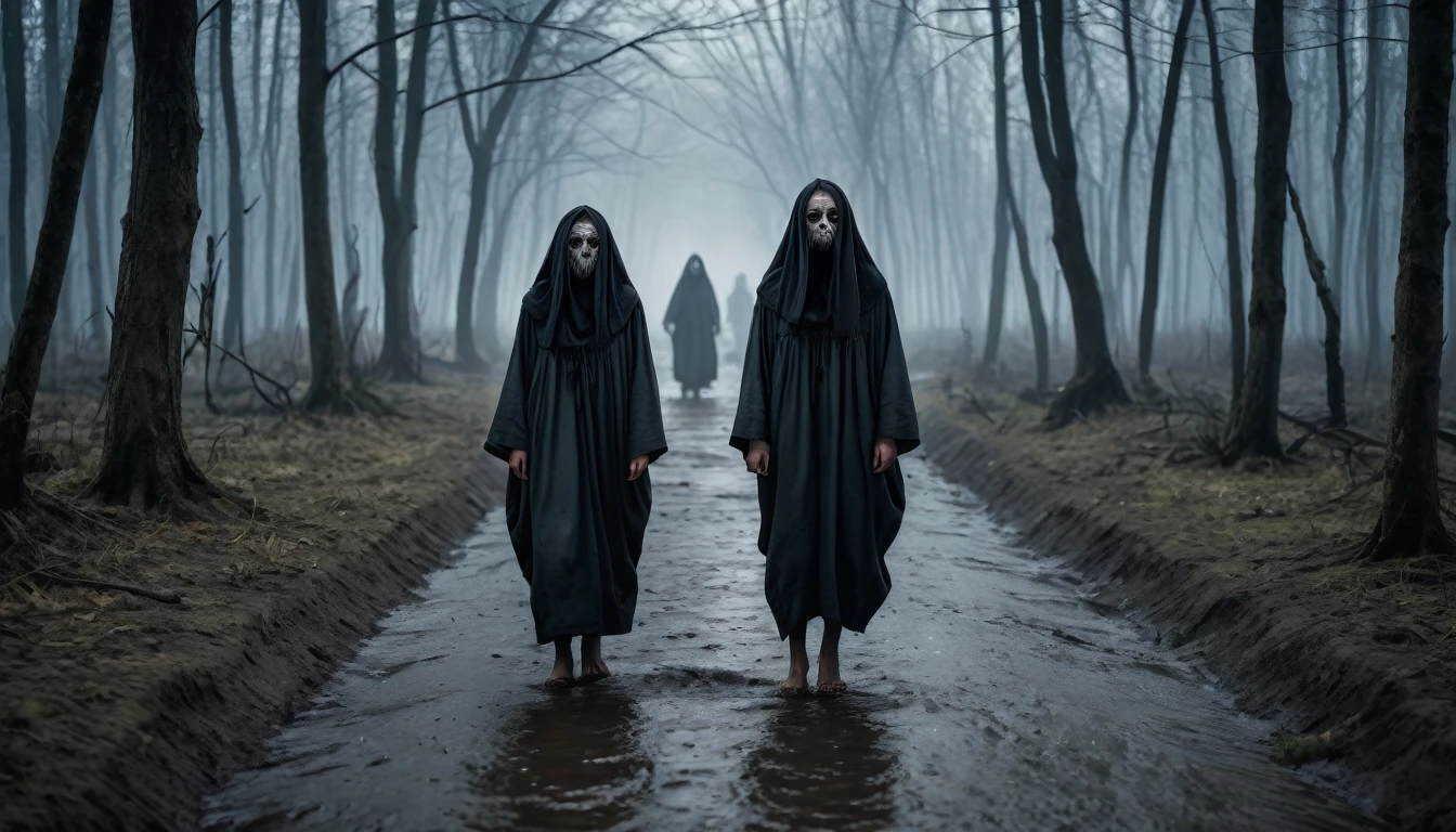 (Very old photograph only in sepia color), cenobitic characters from the movie Hellraiser, ((in medium full shot, low-angle ground view,)) A dark, eerie forest scene with a group of five figures walking towards the camera. The central figure is a child dressed in a black hooded coat with two red buttons down the center and black leggings, paired with black boots. The child is holding hands with two women, all of whom are wearing identical dark knee-length dresses with button details and black boots. Their faces are covered with terrifying white masks featuring black eye sockets, long black hair framing their faces, and mouths open wide in horror. The child and the women have their mouths agape in screaming poses, creating a chilling atmosphere. To the left of the group, there is a large, rough-textured beige cube with spikes protruding from its surface, resembling a trap or device. The cube has a central spherical element, giving it a mechanical appearance. The background consists of a dense, foggy forest with tall, bare trees that blur into the misty distance, creating a haunting ambiance. The ground is covered with dry leaves, adding to the eerie mood. The lighting is soft, diffused, and low, enhancing the ghostly and unsettling atmosphere of the scene. The overall color palette includes dark olive green, charcoal gray, bone white, and dark brown, contributing to the gloomy and foreboding feel. The composition is symmetrical, with figures arranged in a triangular formation, emphasizing the depth and tension of the scene. The image has high contrast and low gamma, with muted saturation and luminance, further accentuating the haunting ambiance of this horror-themed photograph. director Fritz Lang credits, science fiction, photorealistic, cinematic film, Ultra detailed, RAW photo, cinematic, artstation style, concept art, masterpiece, 8k, black and white, realistic textures, 3D rendering.