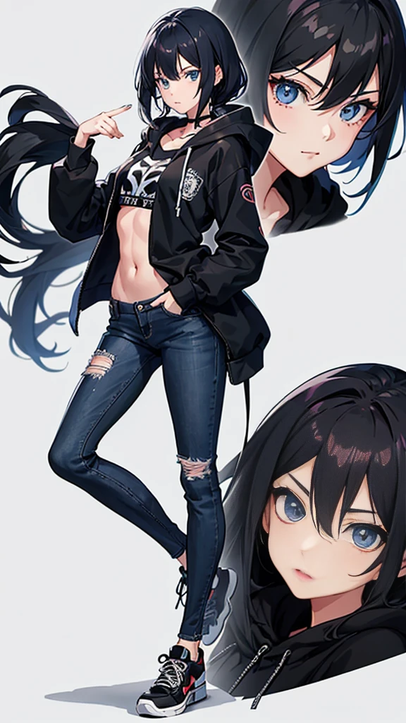 1girl, anime style, skinny body, Anime young girl wearing black hoodie, skinny jeans, black hair, grey blue eyes colour, detailed, 8k, high quality,
