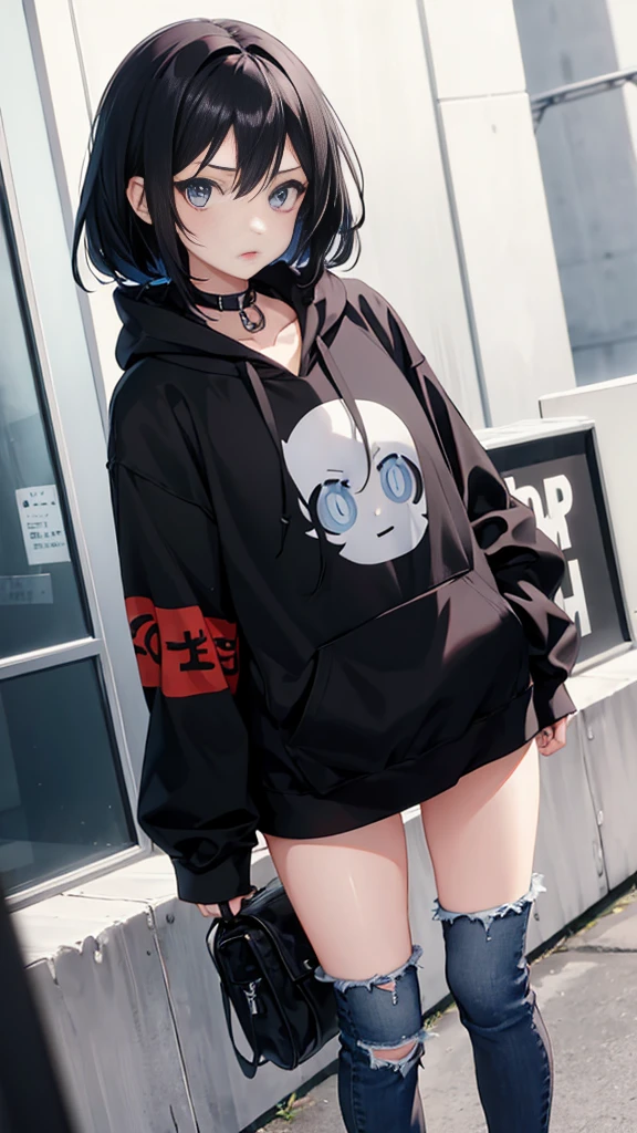 1girl, anime style, skinny body, Anime young girl wearing black hoodie, skinny jeans, black hair, grey blue eyes colour, detailed, 8k, high quality,