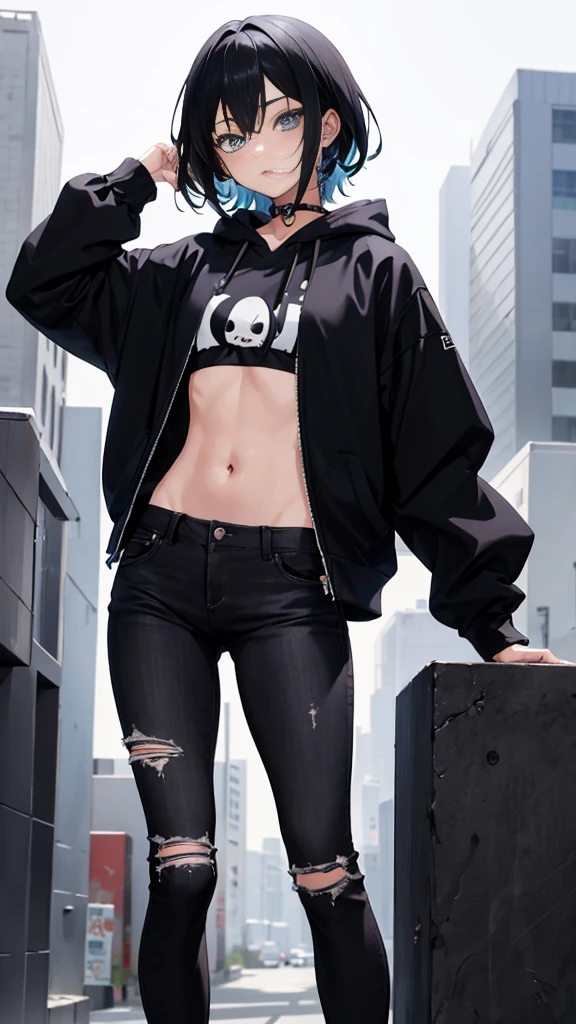 1girl, anime style, skinny body, Anime young girl wearing black hoodie, skinny jeans, black hair, grey blue eyes colour, detailed, 8k, high quality,