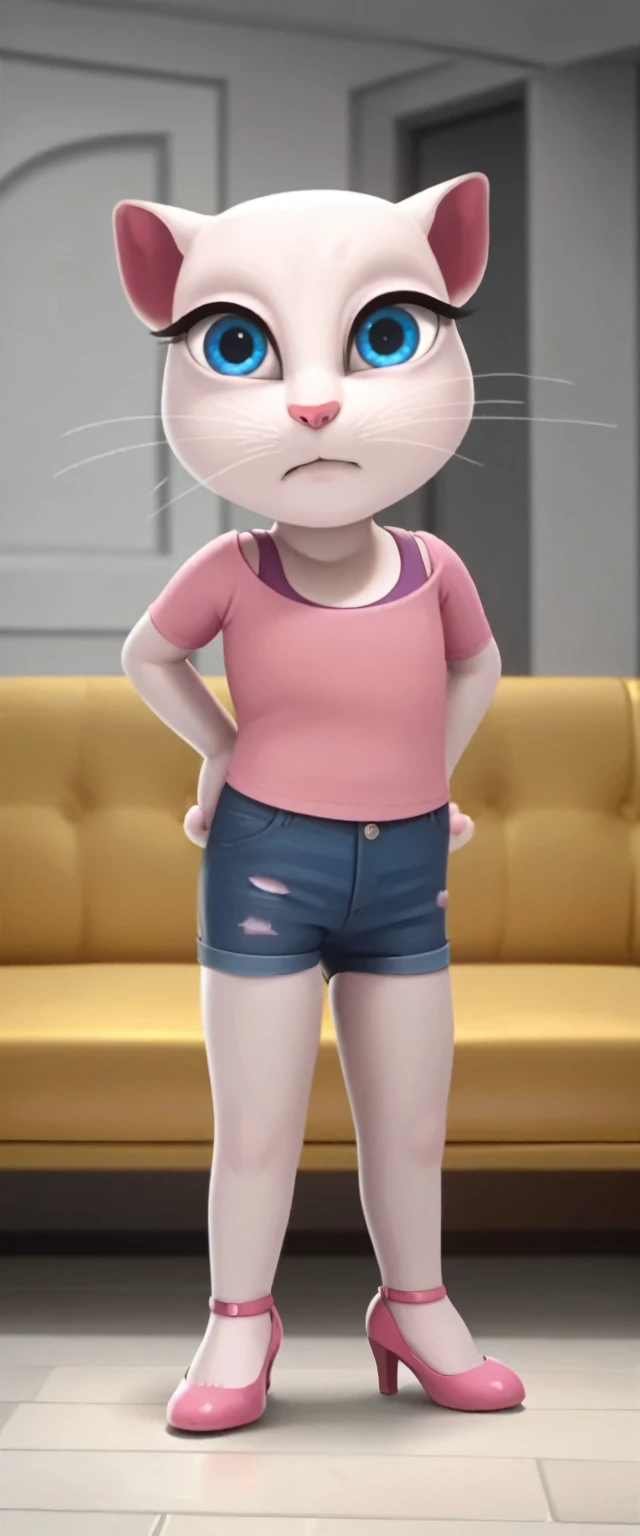solo focus, a_la, 1girl, cat, white fur, long whiskers on both sides of her face, big bright blue eyes, big black eyelashes, pink nose, triangular ears with pink channels, high heels. The short jeans were ripped all the way down. 1 girl on the couch with her legs up in the air Upstanding Citizen: The woman surrounds her partner using her entire body, while the man stands and supports his partner's upper legs with his hands.