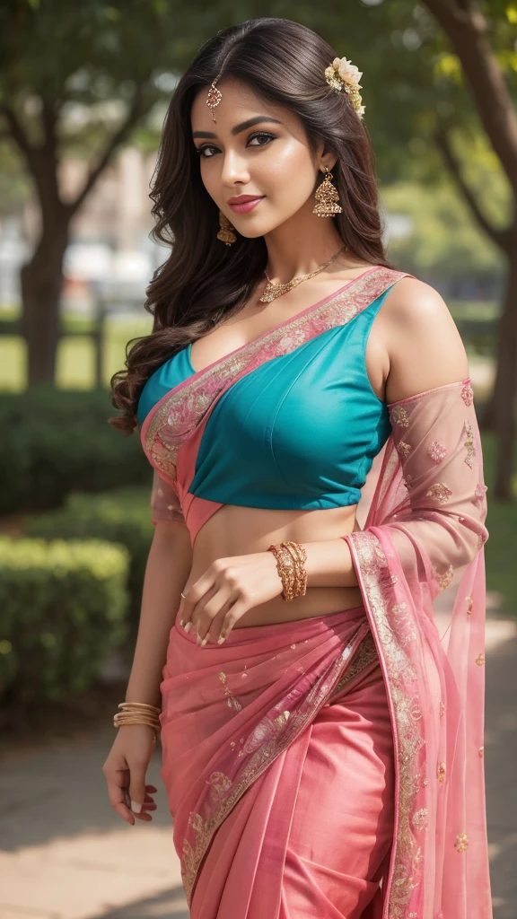 A half body of confident-looking Bangladesh woman with long and thick hair, (masterpiece, best quality:1.2), looking at viewer, hazel eyes, a smile on the face, royal and lusty look, posing like a professional model for a photoshoot, (((big breast))), perfect composition and light, hyper realistic, super detailed, 8k, high quality, trending art, trending on art station, photo, intricate details, highly detailed,((cropped open huge boobs)), (((City Park Vibes detail background)))), (((wearing a colourful Saree with designs and patterns with sleeves))), ((((big sexy Hour Glass body shape)))), ((((City Park Vibes detailed background behind her)))), (((Portrait Fashion Photo))), ((long wavy thick hair style)), (((hyper realistic skin texture with makeup with blush face))), hair bobbles, wince, solid circle eyes, light smile, ear blush, fang, ccurate, makeup, Surrealism, drop shadow, anaglyph, stereogram, tachi-e, pov, atmospheric perspective, glowing light, backlighting, ray tracing, image fill, anaglyph, stereogram, scanlines, speed lines, silhouette, vignetting, 8k, super detail, best quality