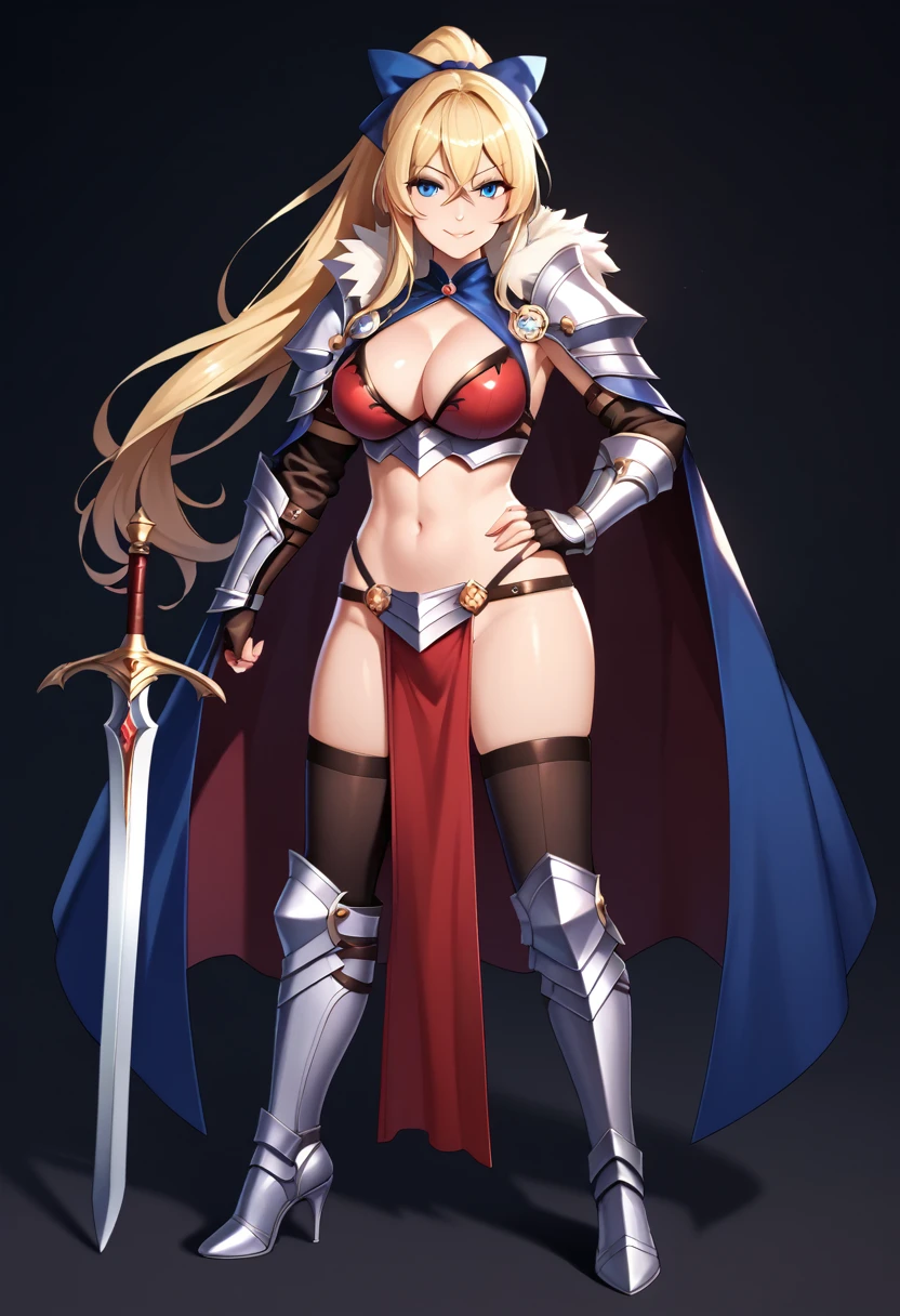 masterpiece, best quality, 1girl, breasts, solo, blonde-hair, blue-eyes, pelvic-curtain, navel, armor, large-breasts, ponytail, cape, cleavage, sword, gloves, weapon, looking-at-viewer, smile, boots, fingerless-gloves, full-body, very-long-hair, standing, revealing-clothes, bikini-armor, black-gloves, fur-trim, simple-background, thighhighs, stomach, hand-on-hip, gauntlets, shoulder-armor, hair-bow, closed-mouth, bow, high-heels, midriff, armored-boots, hand-up, thigh-boots, thighs, ribbon, hair-between-eyes, v-shaped-eyebrows, blush, hair-ribbon, sheath
