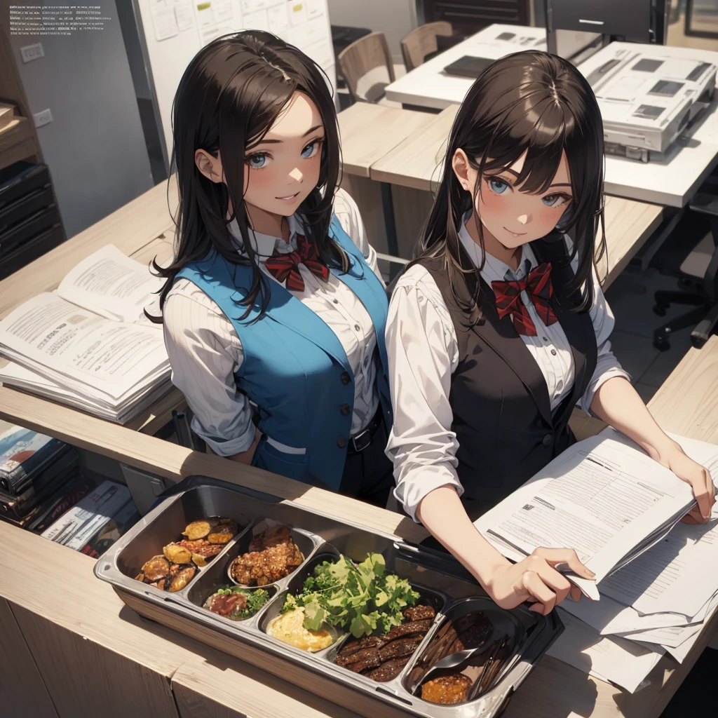 (Best Quality, Masterpiece), (from above), office worker, Magazine Cover, 1girl, stunning, cute, warm smile, hourglass figure,text, chart, advertising,((blue vest) over white dress shirt), mature female, /(dark brown hair/), kind smile, (masterpiece best quality:1.2) delicate illustration ultra-detailed, large breasts,bowtie BREAK (modern office) indoors, (reception desk), entrance, detailedWomen's Cooking magazine title