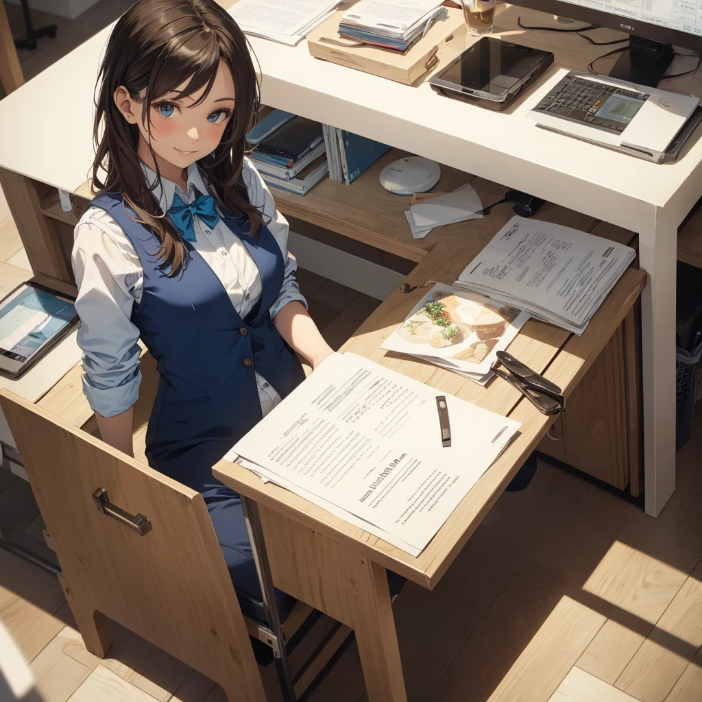 (Best Quality, Masterpiece), (from above), office worker, Magazine Cover, 1girl, stunning, cute, warm smile, hourglass figure,text, chart, advertising,((blue vest) over white dress shirt), mature female, /(dark brown hair/), kind smile, (masterpiece best quality:1.2) delicate illustration ultra-detailed, large breasts,bowtie BREAK (modern office) indoors, (reception desk), entrance, detailedWomen's Cooking magazine title