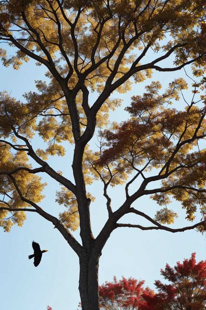 Red banner of a crow flying over a black leafless tree