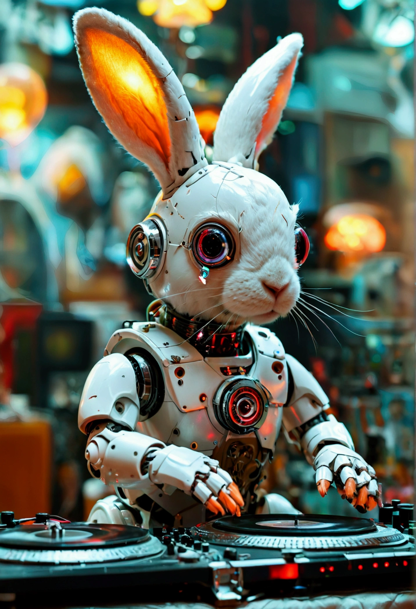 robot rabbit, White color, masculine, humanoid, in a club playing a turntable and dj mixer,