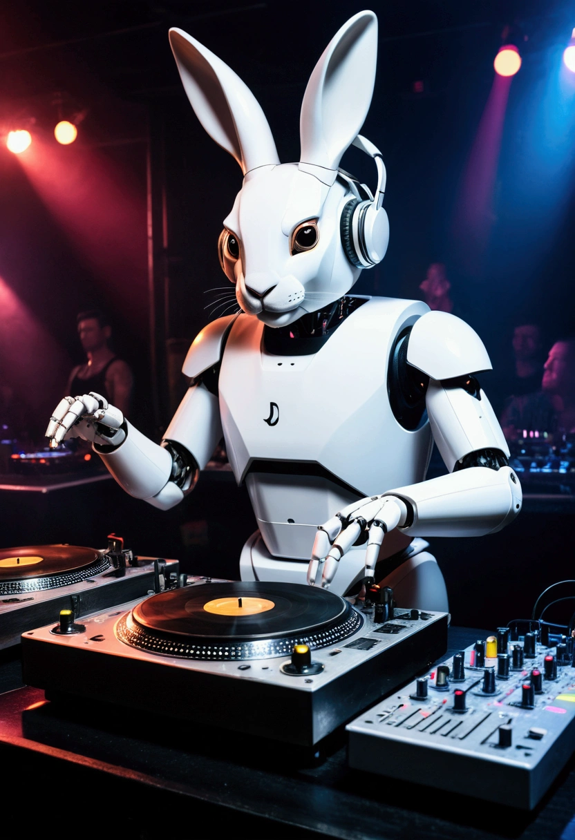 robot rabbit, White color, masculine, humanoid, in a club playing a turntable and dj mixer,