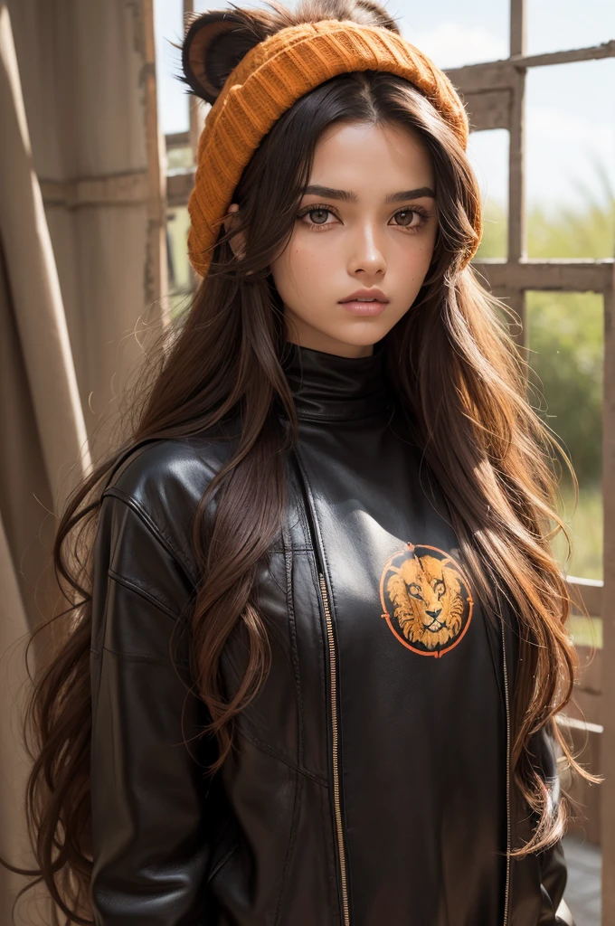 a girl with long hair, wavy and dark brown with red or orange highlights, symbolizing a lion's mane.
*eyeballs:* eyeballs âmbar, intensos e penetrantes, inherited from Scar.
*Skinned:* tanned skintone.
*badass clothing:* badass clothing que misturam elementos da savana com um toque moderno. She can wear leather pieces, with details that resemble lion's fur, and accessories like tooth necklaces and leather bracelets.